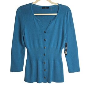NIC+ZOE Teal Blue Knit Cardigan Sweater Top Button Front Peplum Size S Anthro